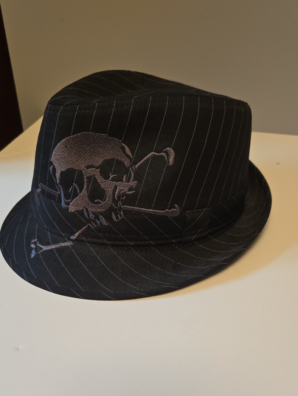 Black Pinstripe Fedora with Embroidered Skull